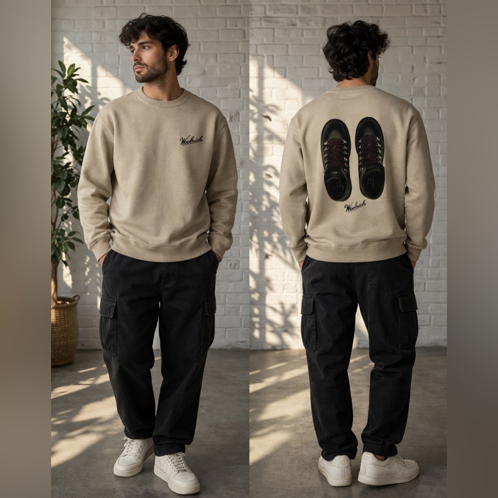 Woolrich Graphic 100% Crewneck Sweatshirt Boots Print Beige Size S